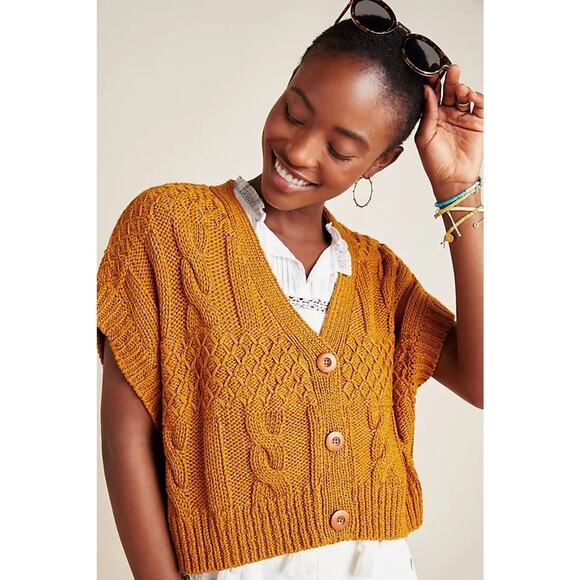 Anthropologie Women’s Orange Cropped Short Sleeve Cable Knit Cardigan Size S - Picture 1 of 10